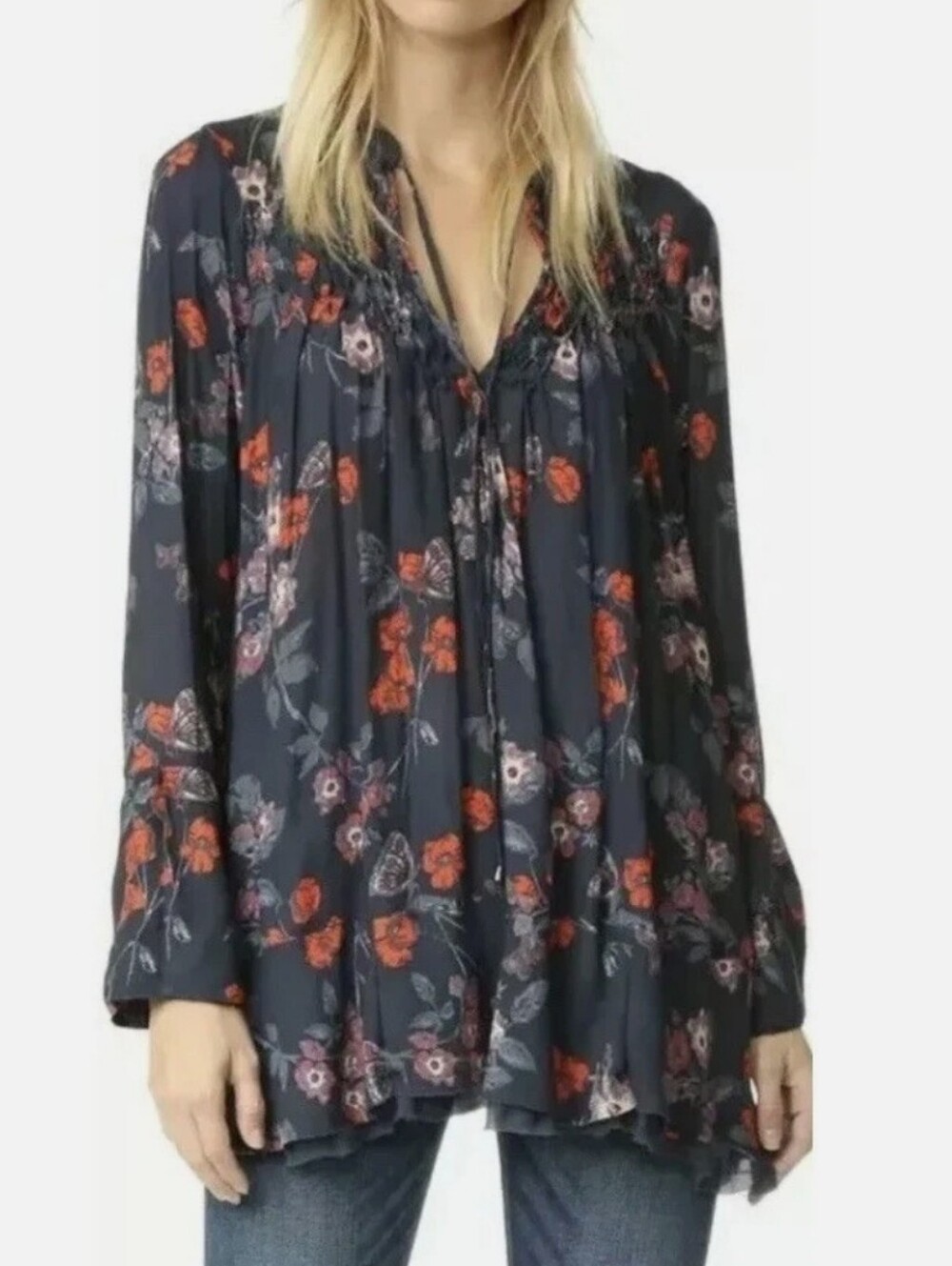 Free People Navy Floral Pebble Crepe So Fine Smocked Tunic Size L